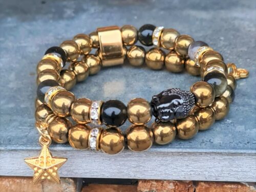 Goudkleurige hematiet en goud Obsidiaan armband met Boeddha